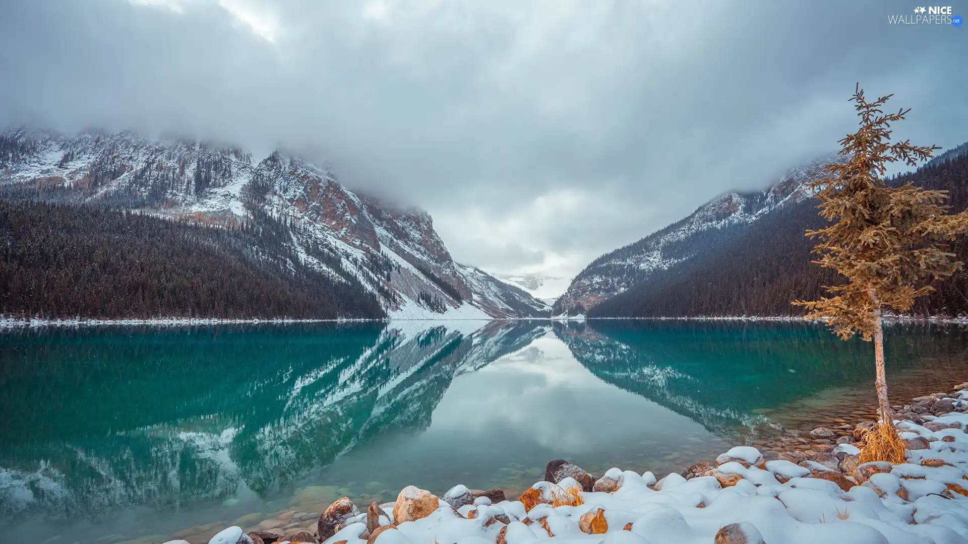 Sky, Mountains, trees, Fog, viewes, winter, lake, Stones, clouds, forest