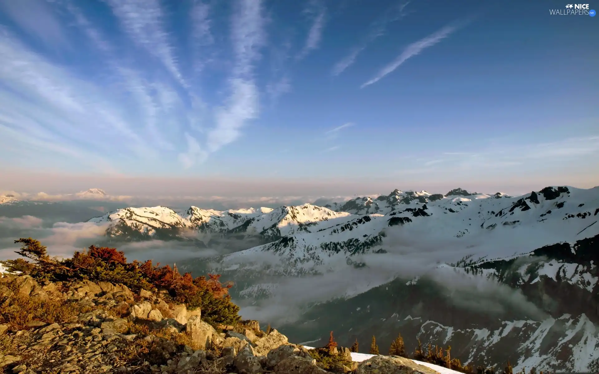 Mountains, Fog, Sky, snow