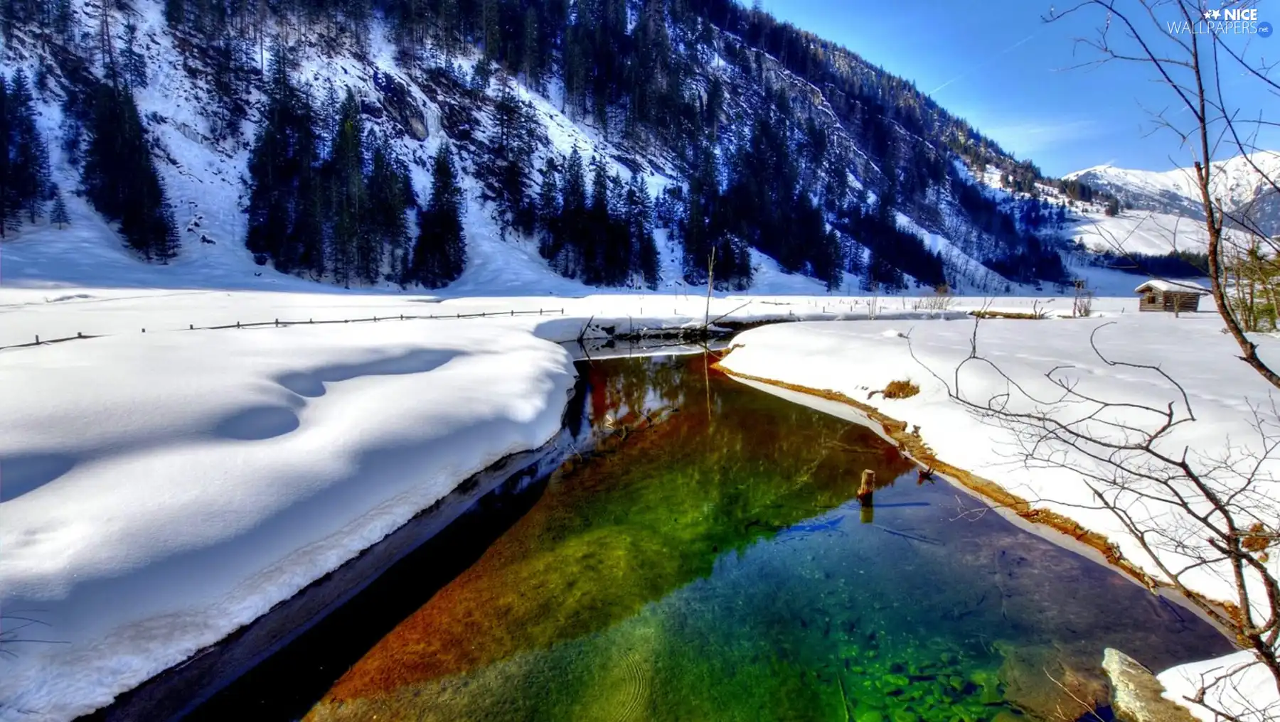 Mountains, River, snow, Coloured