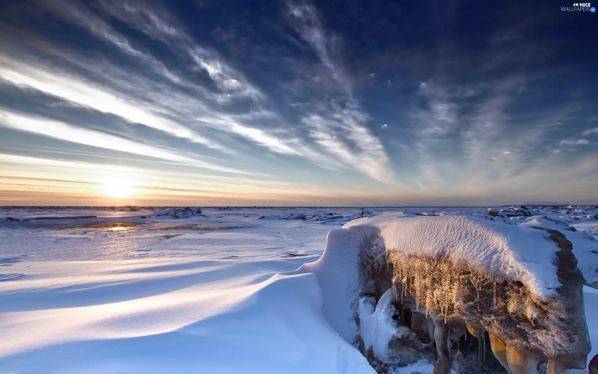 snow, winter, sun, rock, west