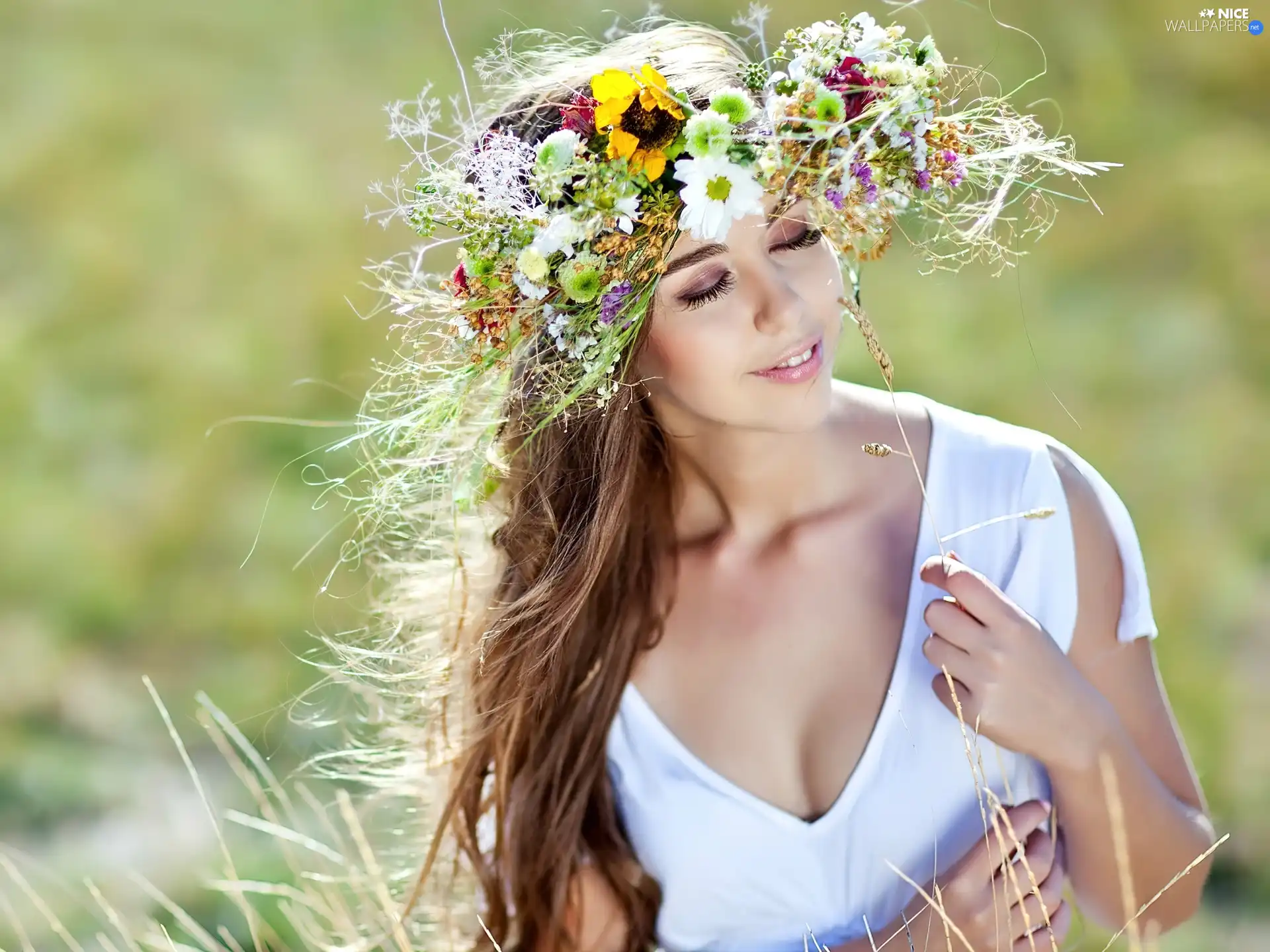 Women, wreath, spring, Meadow