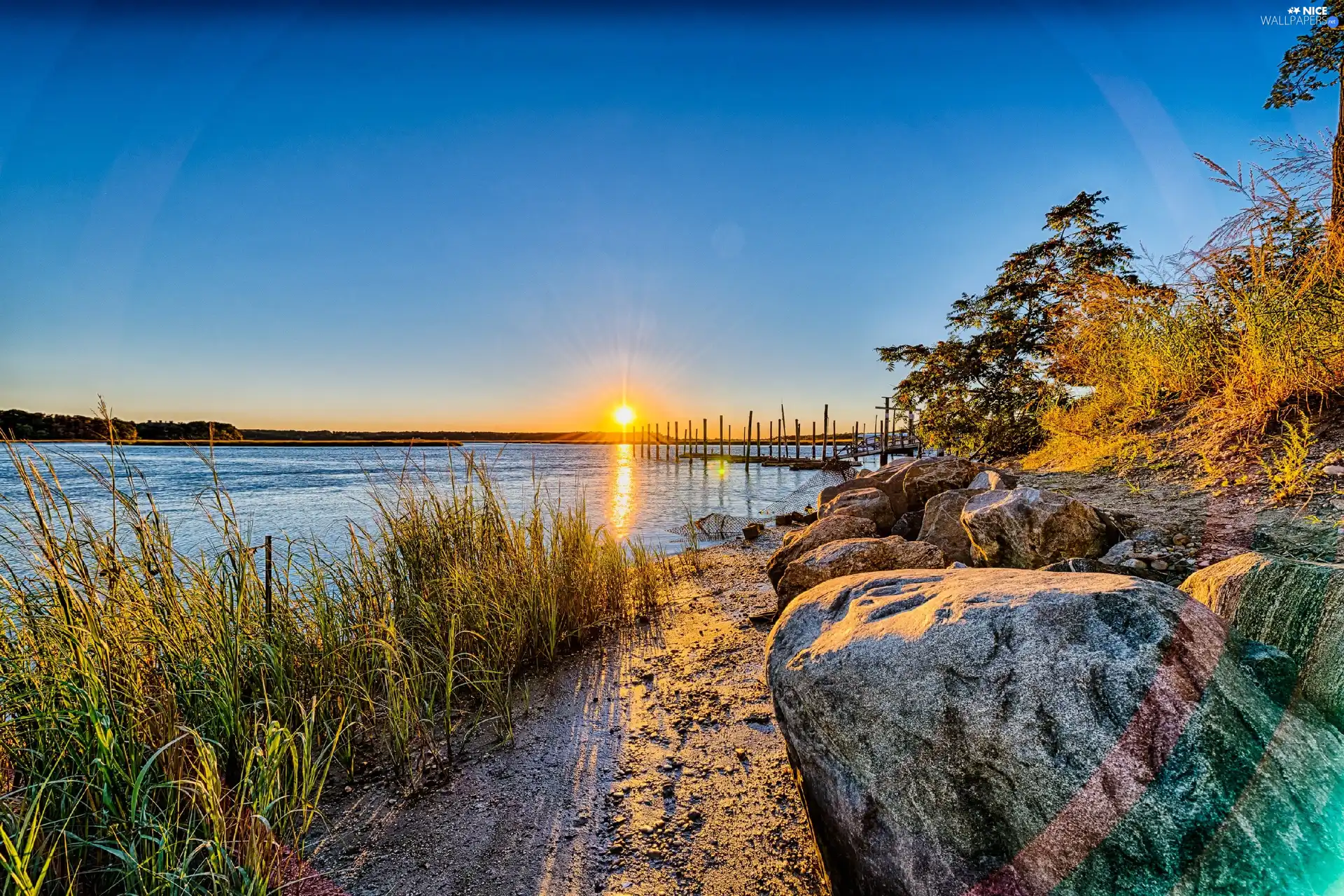 Stones, grass, west, sun, lake