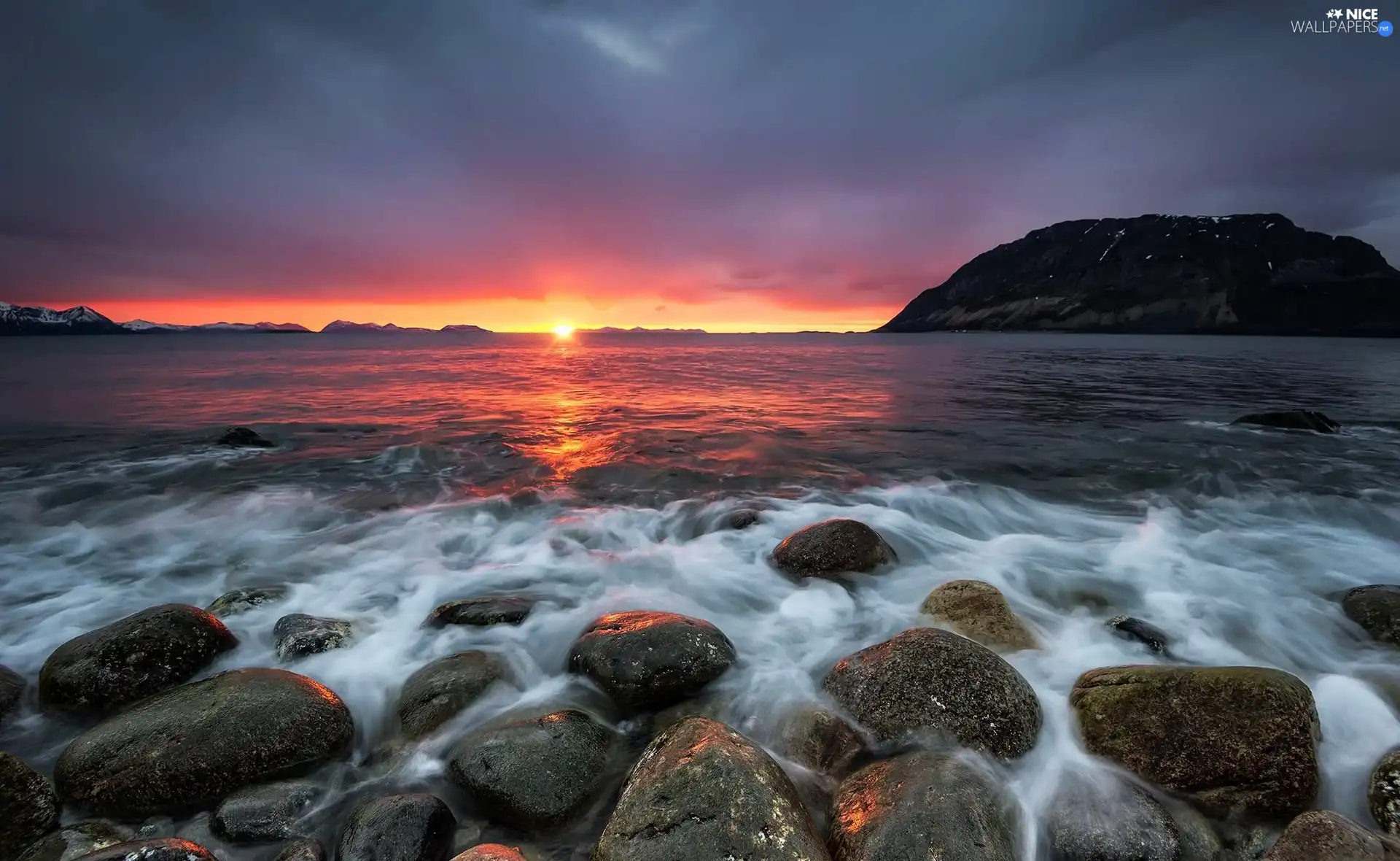 west, lake, Stones, sun