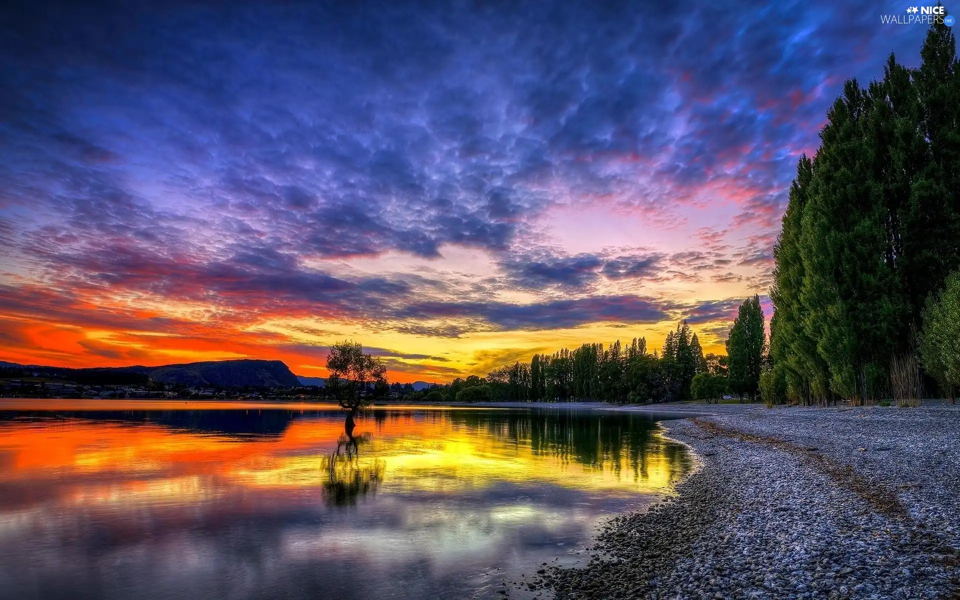 lake, west, sun, forest