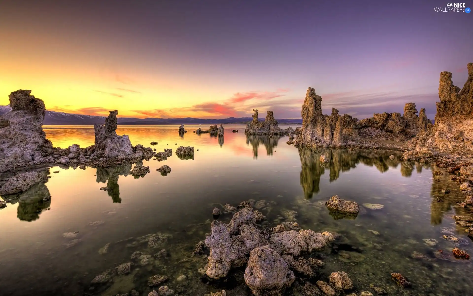 lake, west, sun, rocks