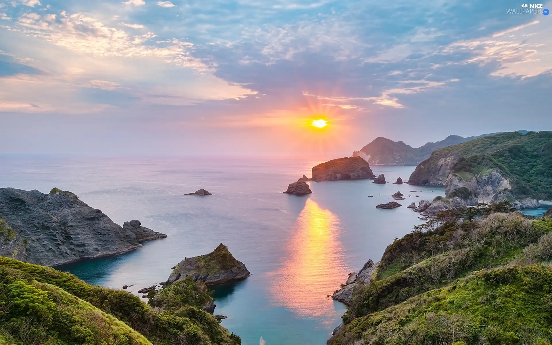 sea, rays, sun, rocks