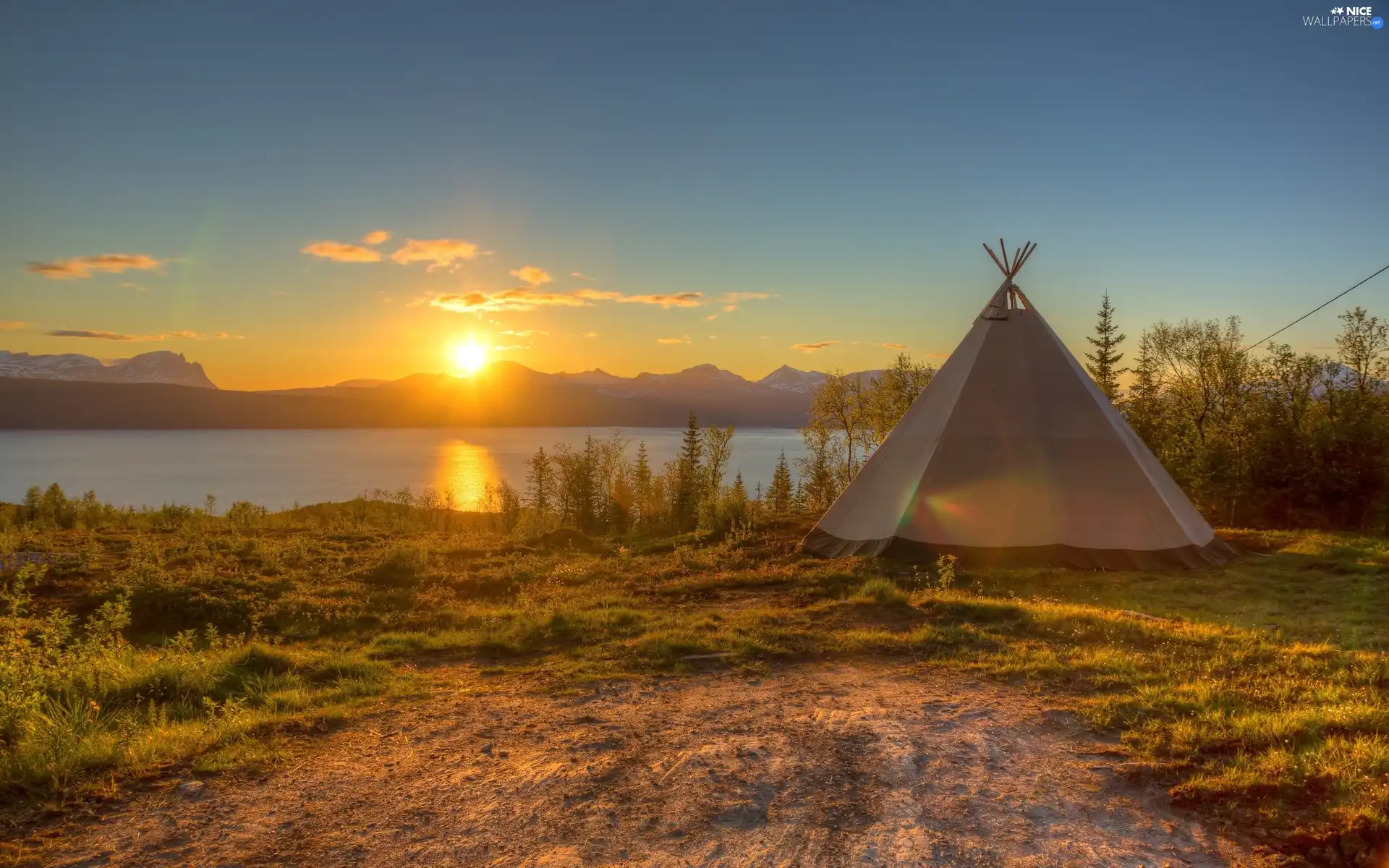 lake, grass, Tent, Sky