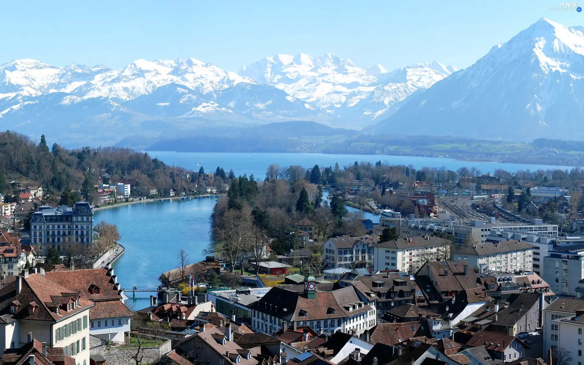 Snowy, lake, Town, Mountains