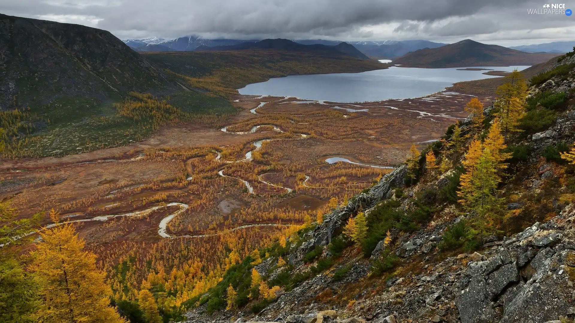 lake, rivers, clouds, rocks, viewes, Valley, Mountains, trees