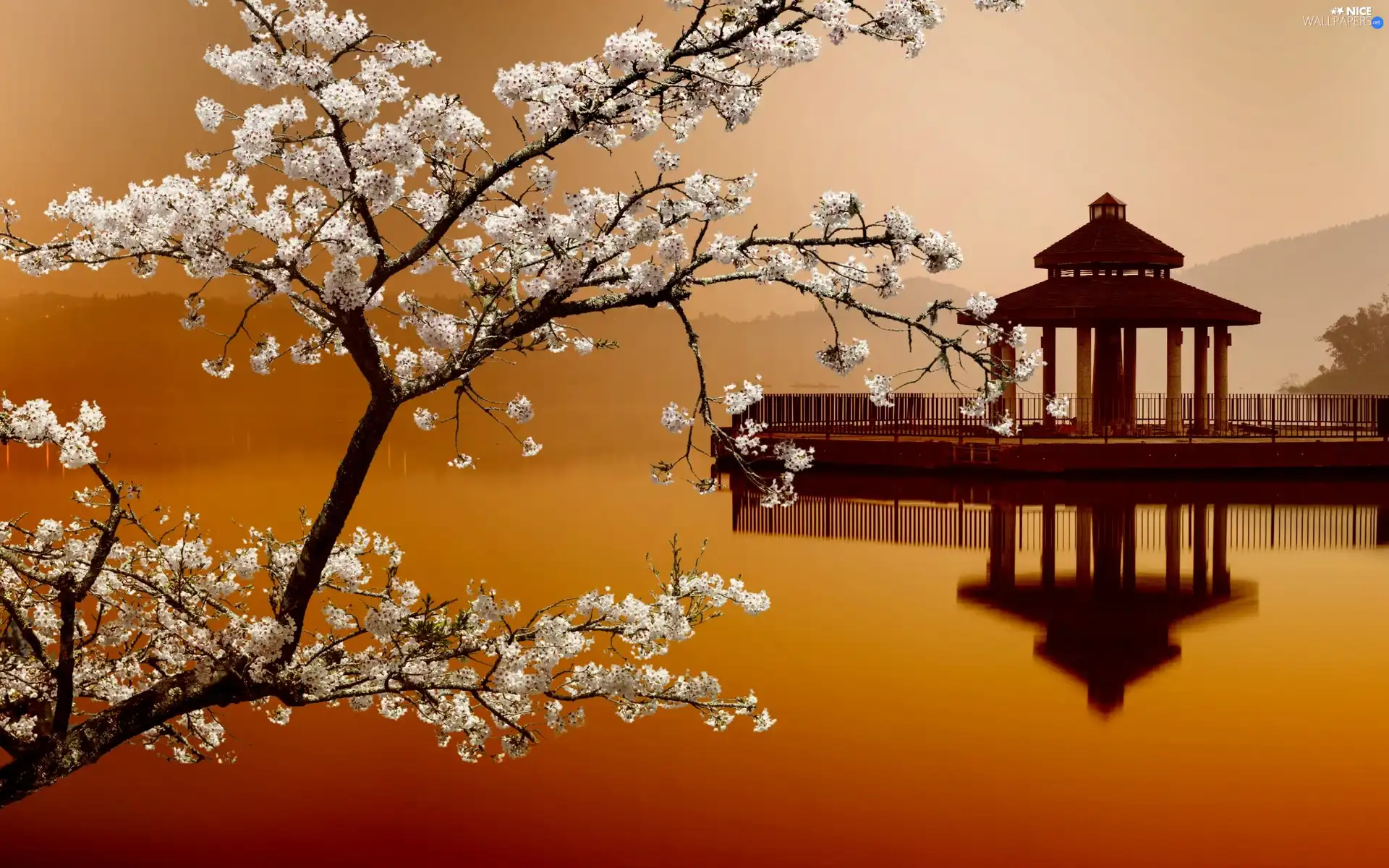 Mountains, River, trees, Japan, flourishing, Platform