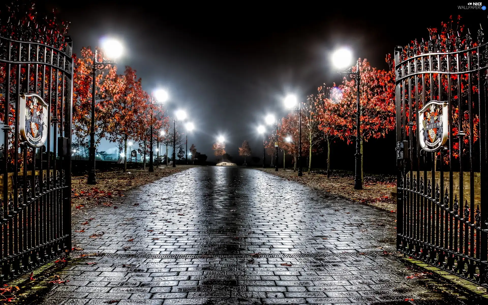 Lamps, Park, trees, viewes, alley, Gate