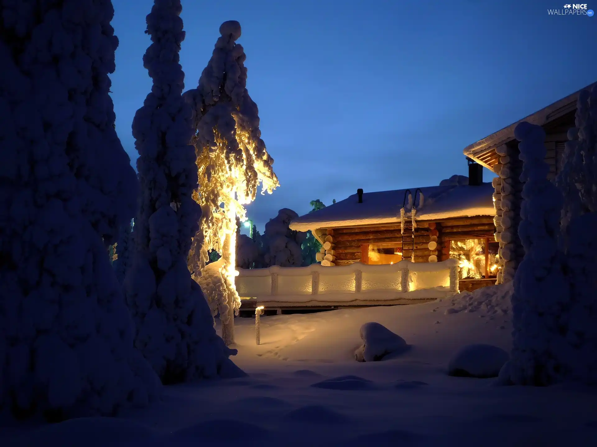 house, winter, trees, viewes, Snowy, Floodlit