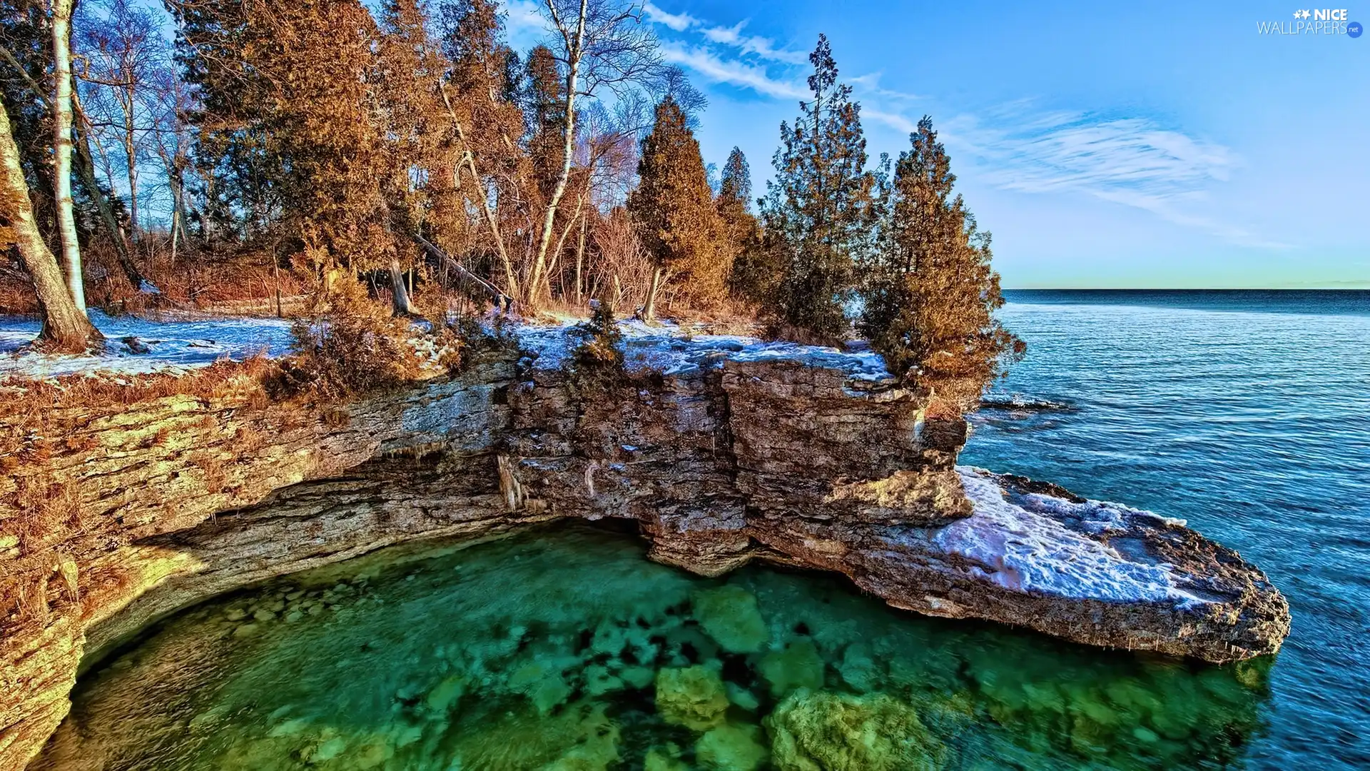 trees, viewes, sea, rocks, winter