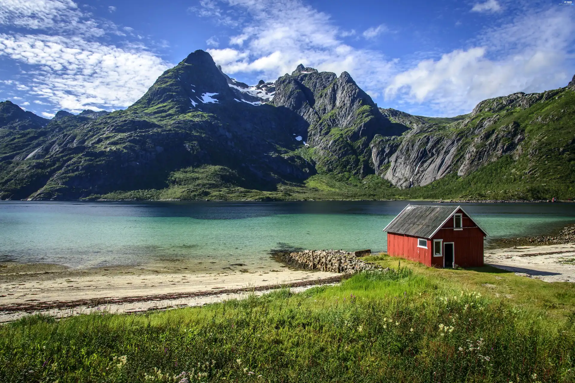 Mountains, house, VEGETATION, lake