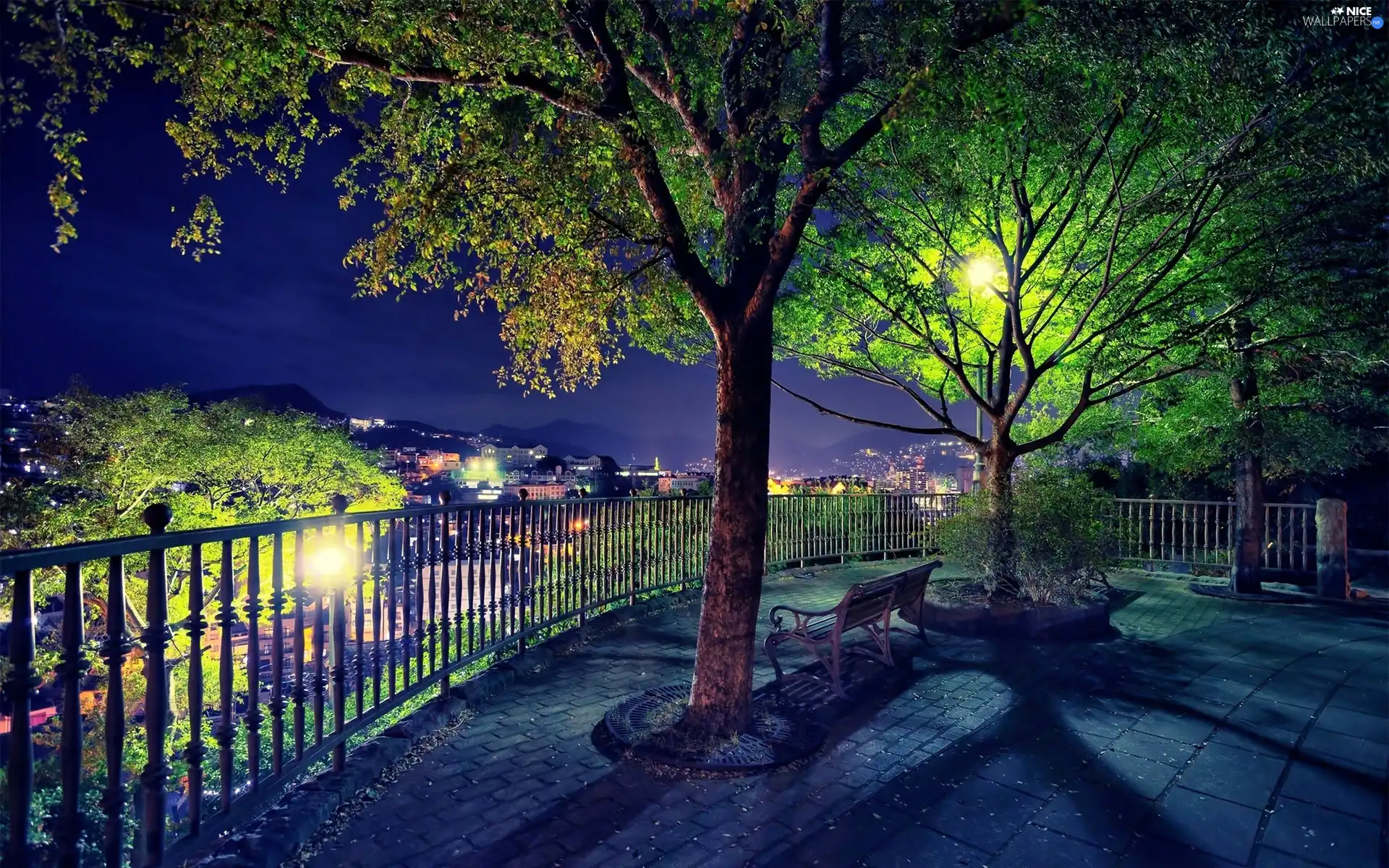 viewes, Bench, town, trees, panorama