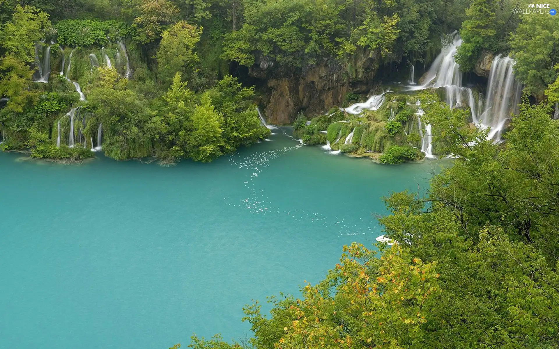 waterfalls, trees, viewes, lake