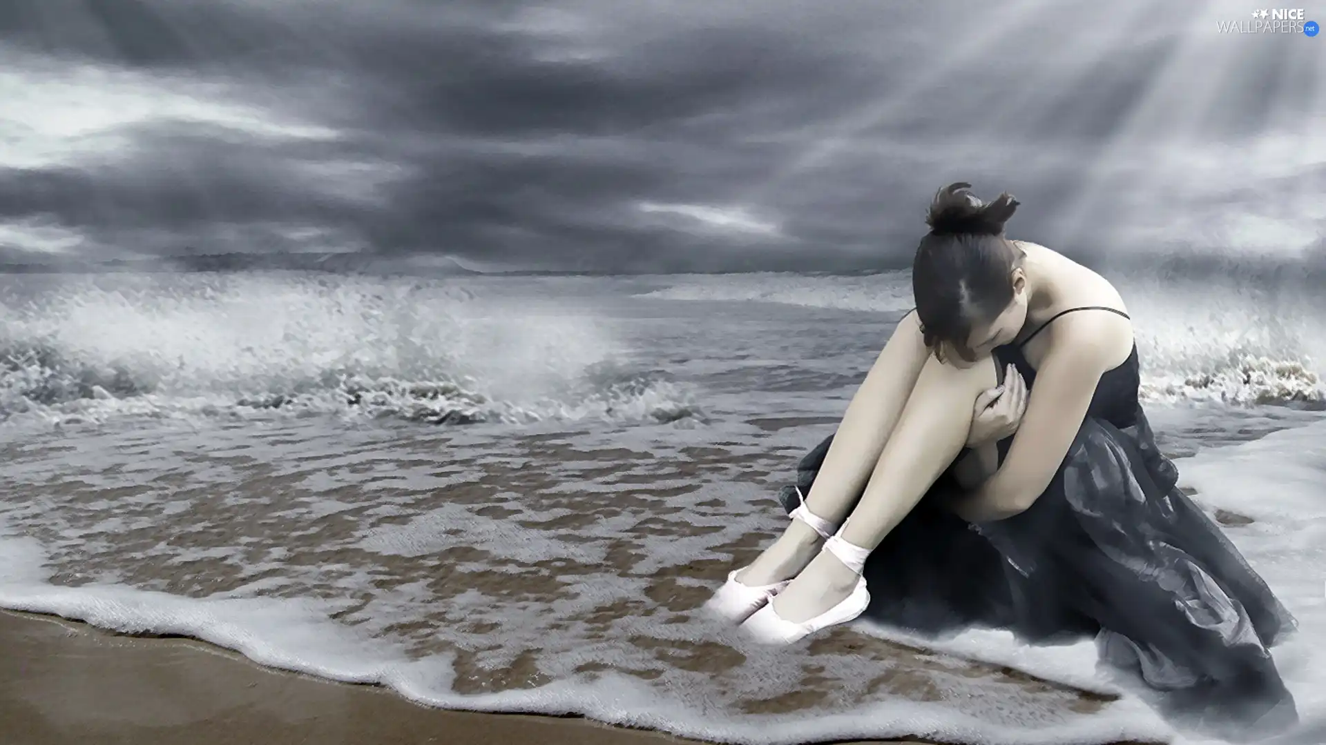 girl, water, Waves, Ballerinas