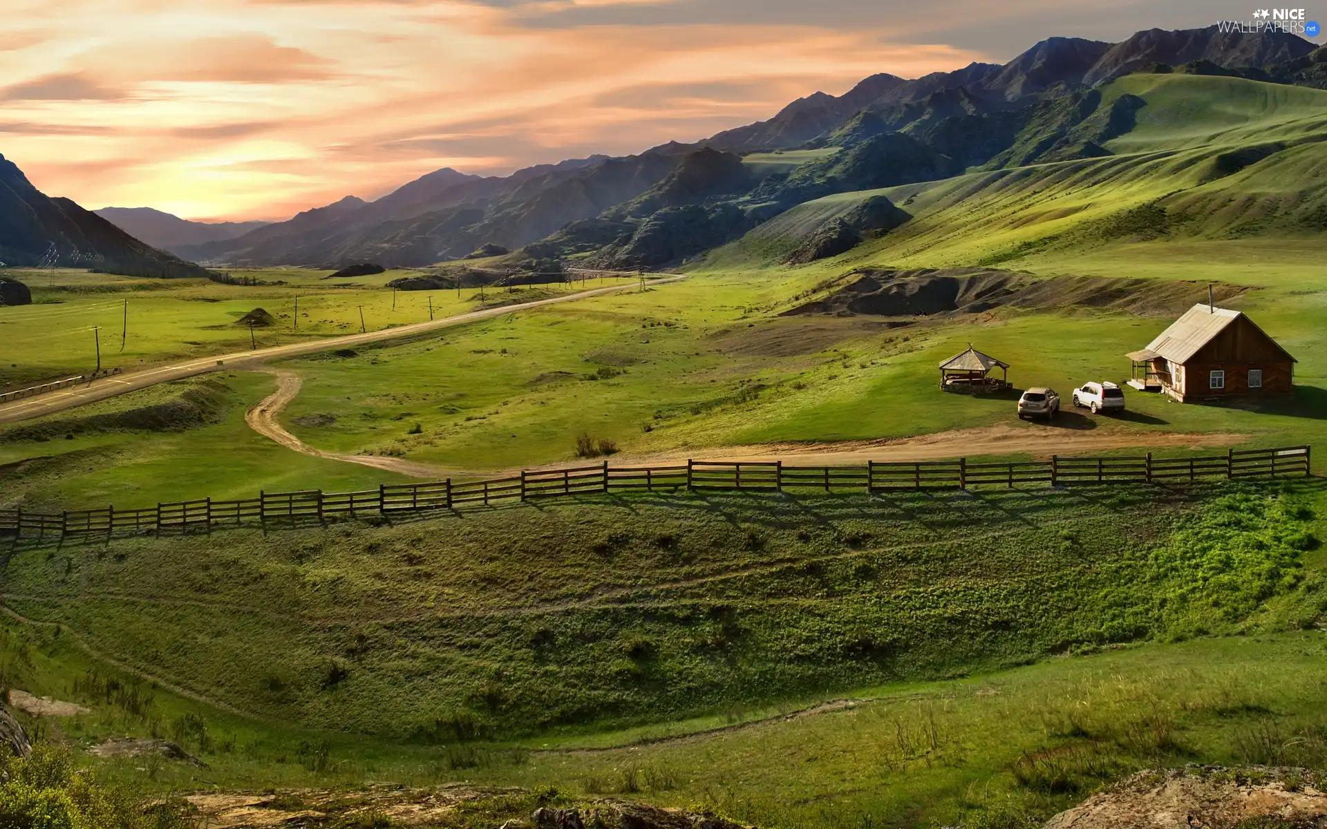 field, Mountains, Way, house