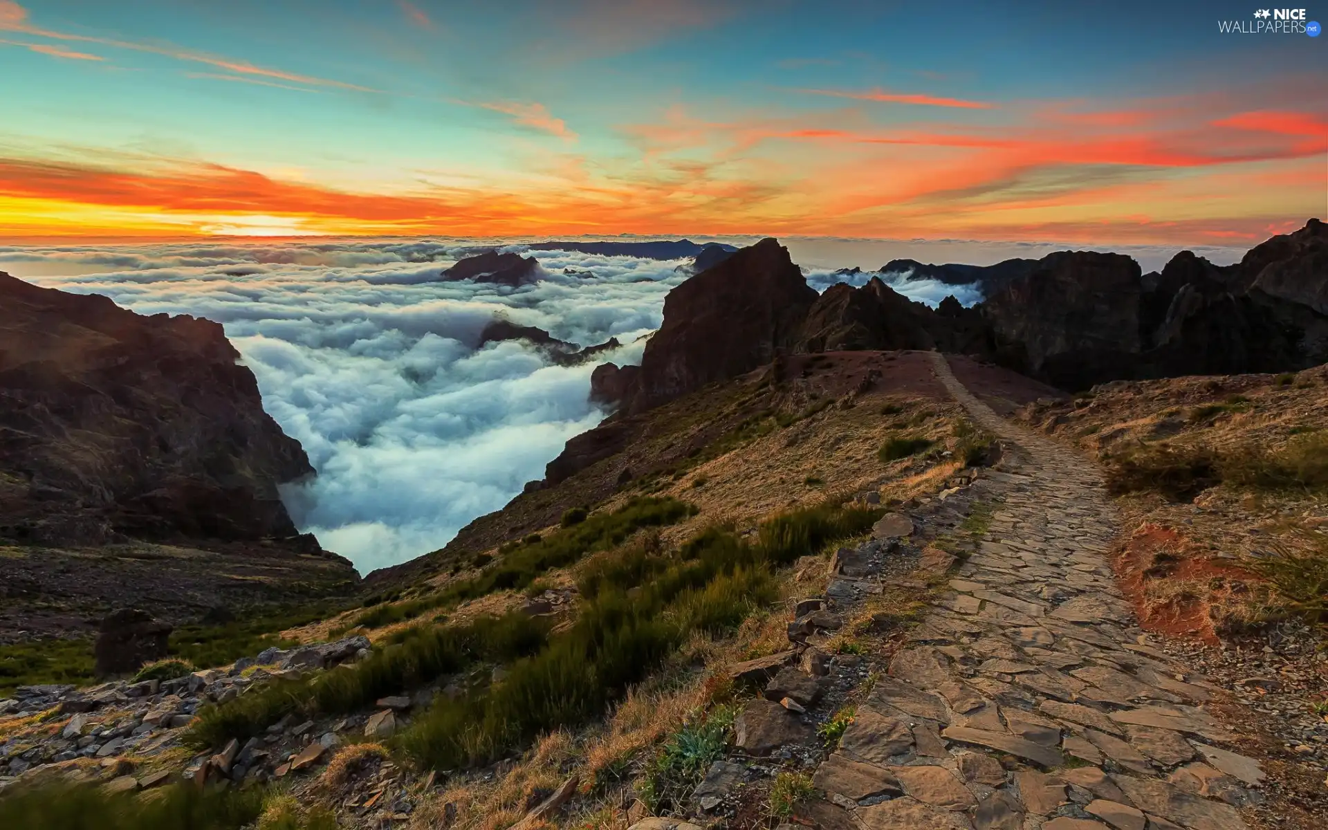 west, sun, Path, Fog, Mountains