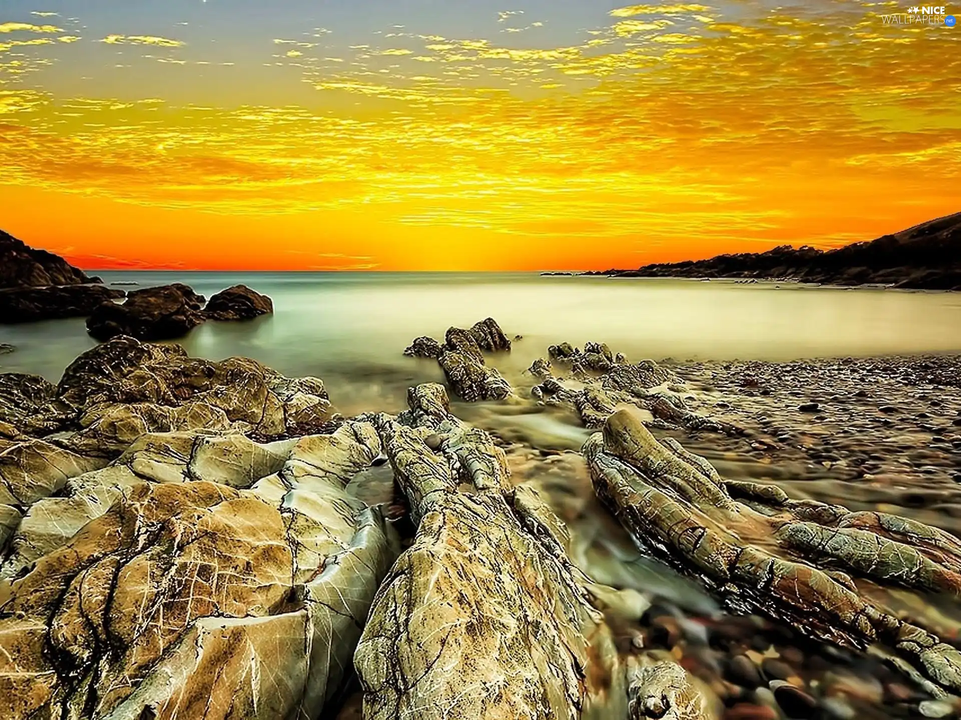 west, sun, Stones, clouds, sea