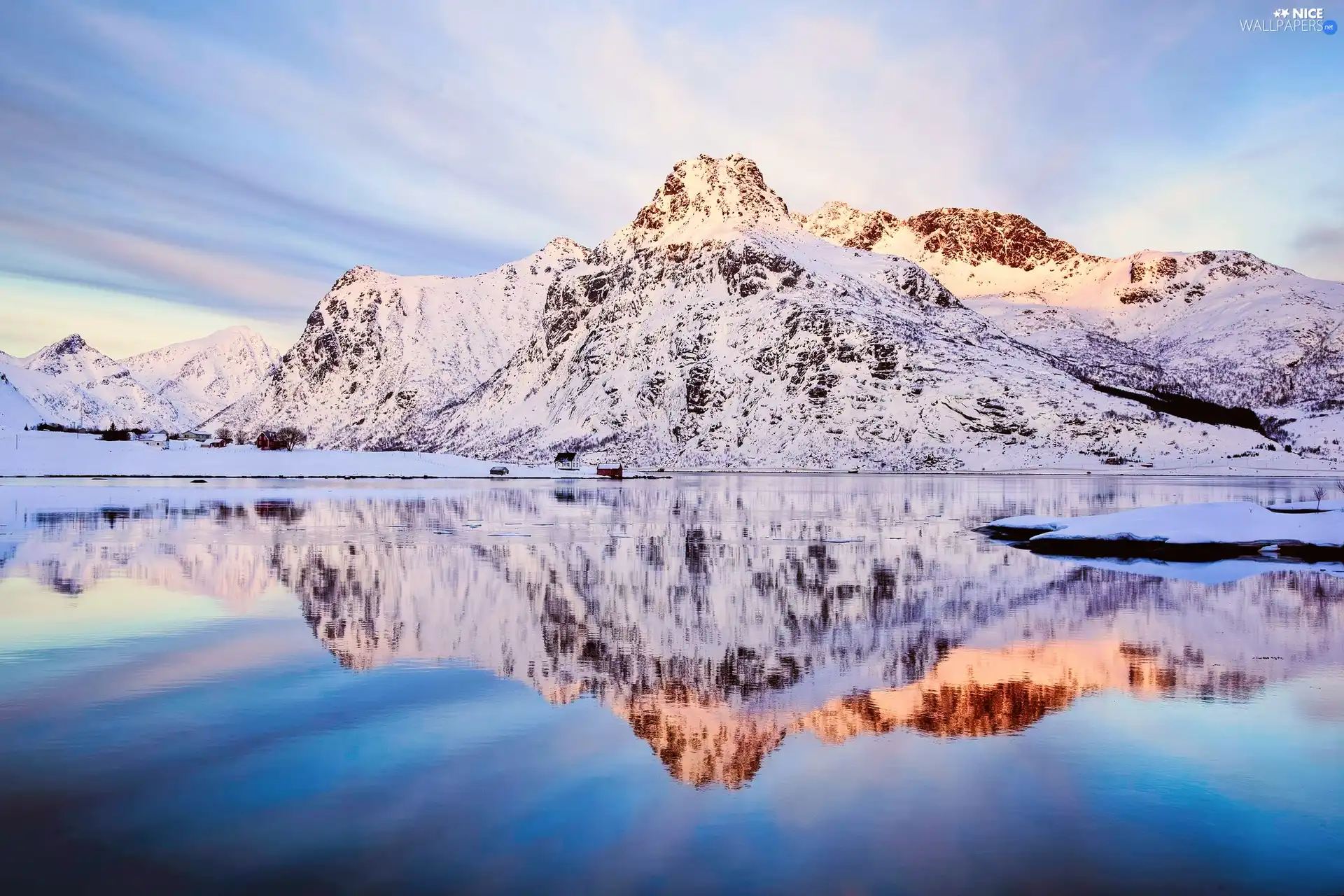 Mountains, snow, winter, lake