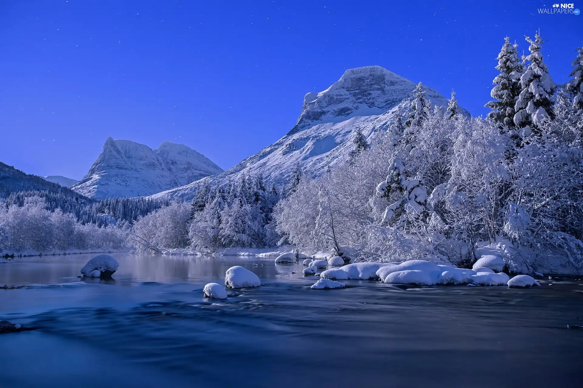 Mountains, Stones, winter, River