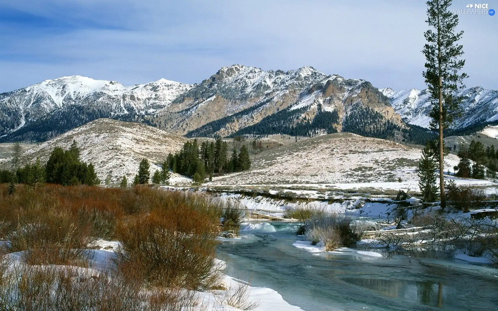 winter, Mountain, River