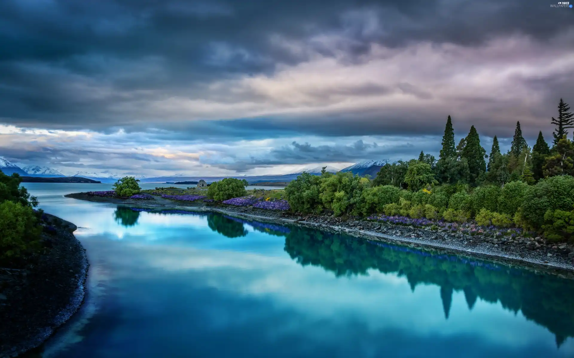 clouds, River, woods, Mountains