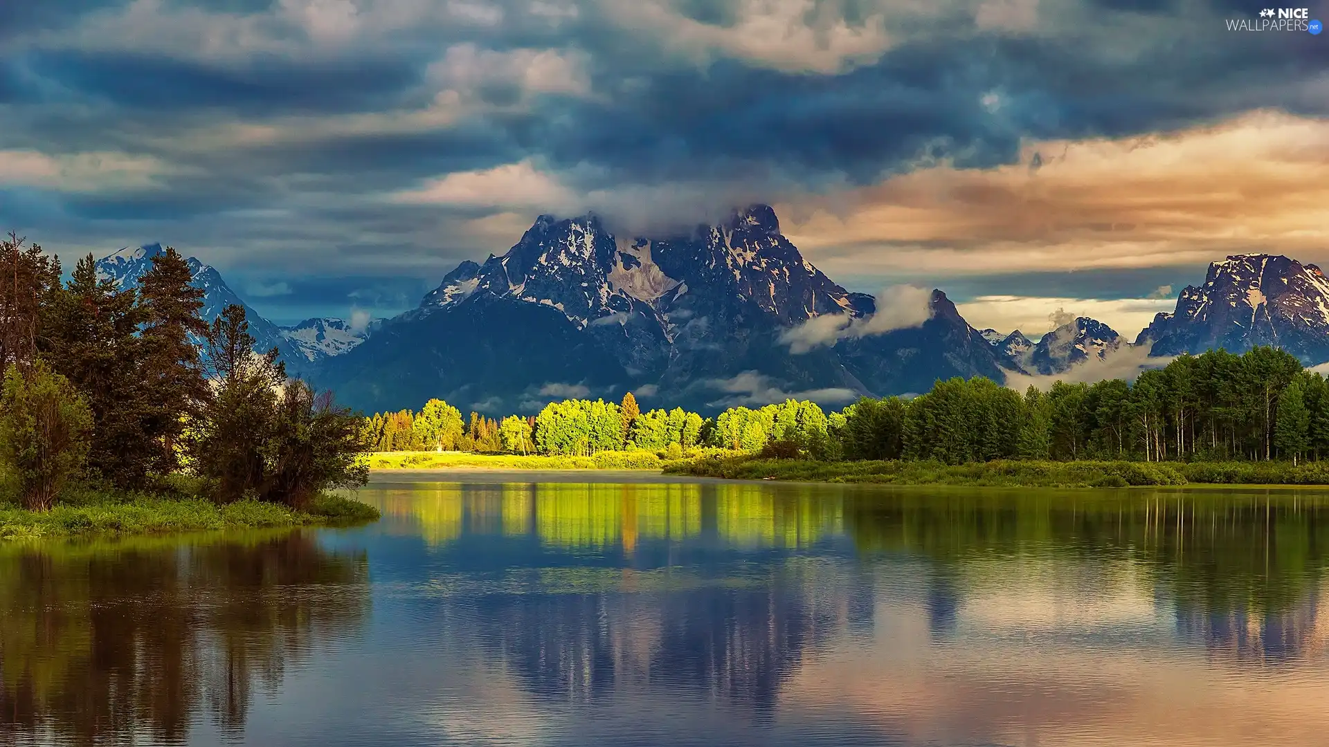 woods, lake, Mountains